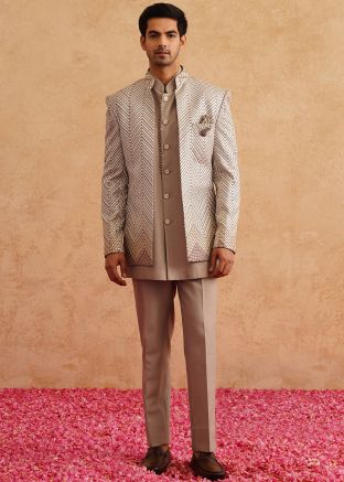 Beige Embroidered Men Indo Western Sherwani