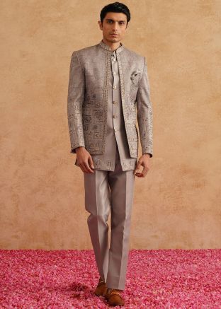 Grey Embroidered Men Indo Western Sherwani