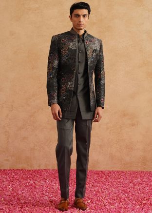 Black Men Embroidered Indo Western Sherwani