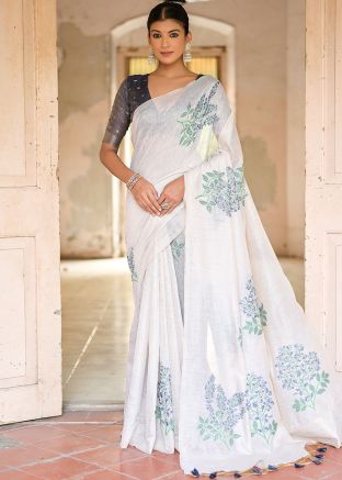 White Cotton Saree In Woven Work