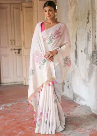 White Woven Cotton Saree With Blouse