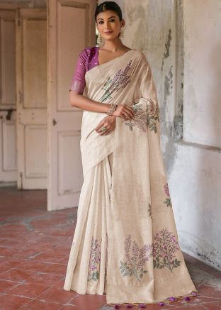 Beige Woven Saree In Cotton