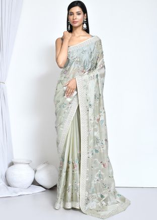 Green Embroidered Saree In Satin