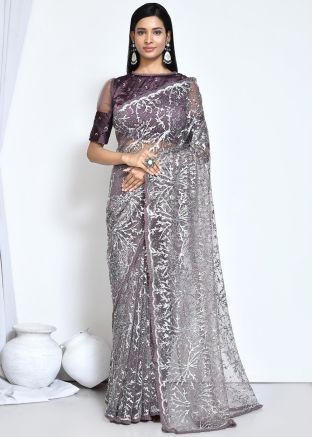 Purple Embroidered Saree In Net