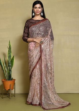 Peach Embroidered Saree In Net