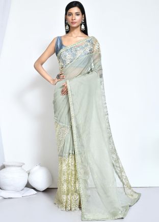 Grey Embroidered Saree In Satin