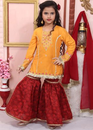 Yellow Embroidered Readymade Kids Gharara Suit