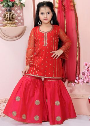 Designer Red Sequins Embellished Kids Gharara Suit With Dupatta USA UK