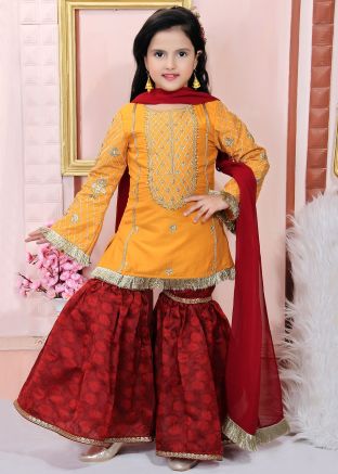 Yellow Embroidered Cotton Silk Kids Gharara Suit