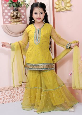 Yellow Sequins Embellished Readymade Kids Gharara Suit