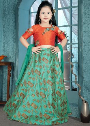 Green Woven Readymade Kids Lehenga Choli