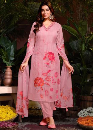 Pink Floral Print Suit Set In Organza
