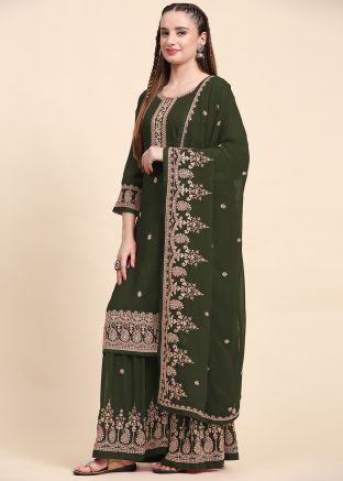 Green Embroidered Gharara Suit In Georgette