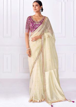 Cream Embroidered Saree In Organza