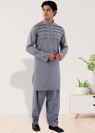Grey Readymade Cotton Mens Pathani Suit Set