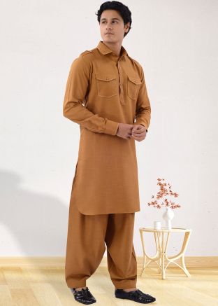 Brown Readymade Cotton Mens Pathani Suit