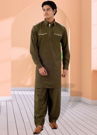 Green Readymade Cotton Mens Pathani Suit Set