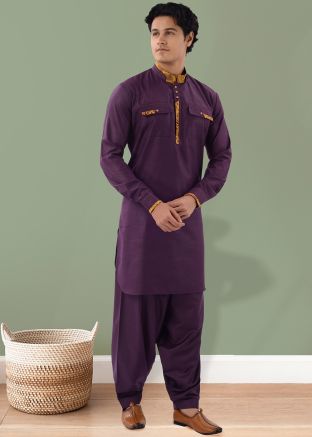 Purple Readymade Mens Pathani Suit In Cotton