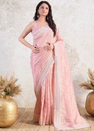 Peach Embroidered Tissue Saree