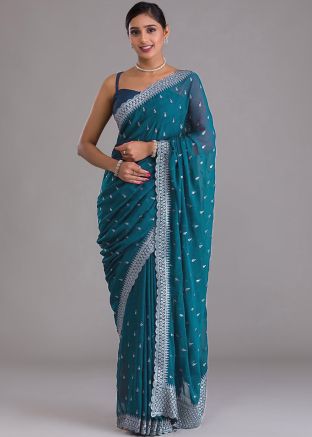 Blue Embroidered Border Chiffon Saree