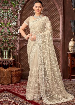 Beige Embroidered Net Saree