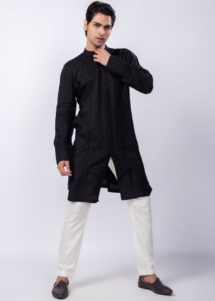 Black Embroidered Mens Kurta Pajama In Silk
