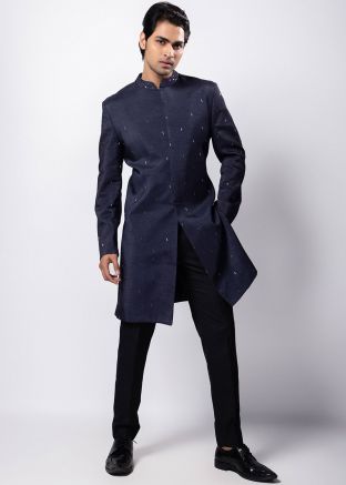 Readymade Navy Blue Embellished Sherwani Set
