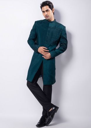 Teal Green Embroidered Silk Sherwani Set