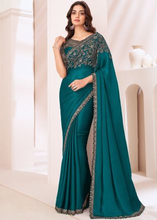 Teal Green Thread Embroidered Saree In Satin Silk