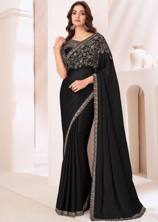 Black Satin Silk Saree In Thread Embroidered