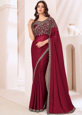 Red Embroidered Satin Saree With Blouse