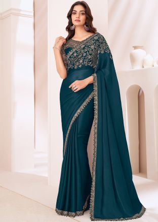 Teal Blue Thread Embroidered Satin Silk Saree