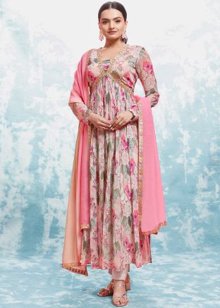 Pink Floral Print Readymade Anarkali Suit In Georgette