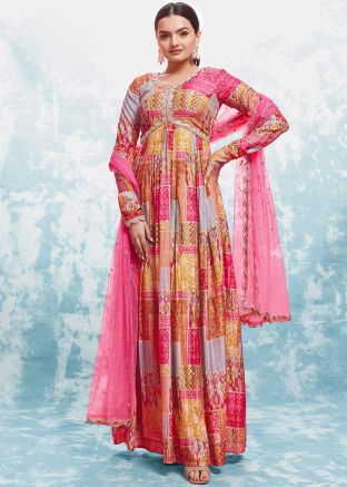 Multicolored Printed Readymade Anarkali Suit In Cotton