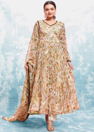 Cream Digital Print Georgette Readymade Suit Set