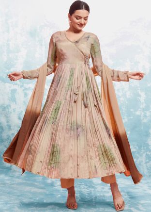 Light Brown Readymade Printed Anarkali Suit In Chiffon