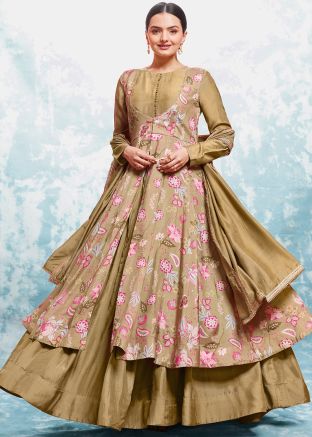 Brown Readymade Printed Jacket Style Anarkali Suit