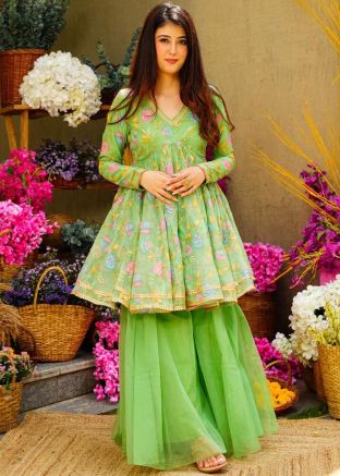 Green Embroidered Readymade Flared Style Sharara Suit