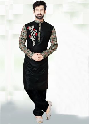 Black Embroidered Cotton Pathani Suit