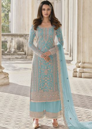 Blue Embroidered Net Palazzo Suit Set