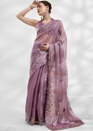 Purple Embroidered Saree In Chiffon