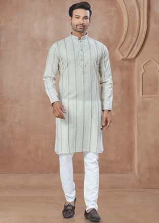 White Printed Kurta Pajama In Cotton