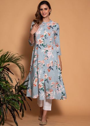 Blue Floral Printed Kurta Set In Rayon