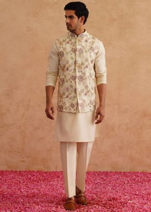 Cream Embroidered Men Kurta Pajama With Nehru Jacket