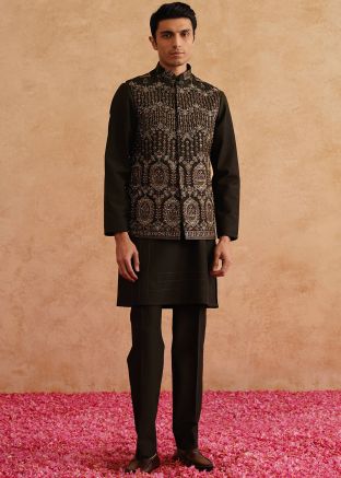 Black Embroidered Kurta Pajama With Nehru Jacket