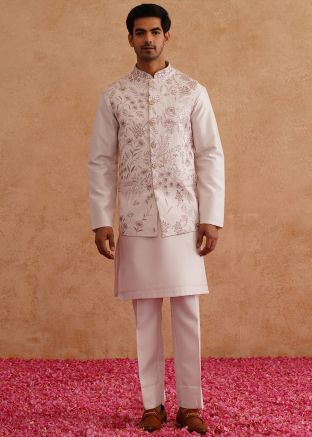 Pink Embroidered Men Kurta Pajama With Nehru Jacket
