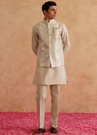 Cream Embroidered Kurta Pajama With Nehru Jacket