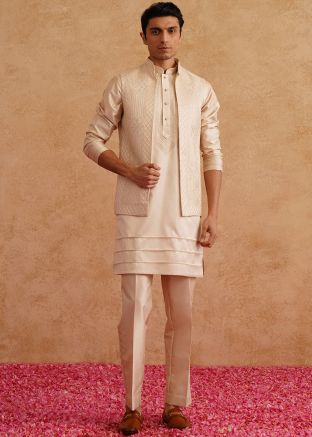 Cream Kurta Pajama With Embroidered Nehru Jacket