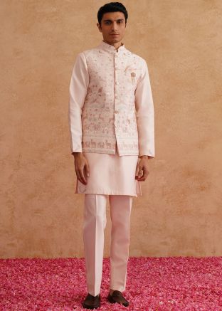 Pink Embroidered Men Kurta Pajama With Nehru Jacket