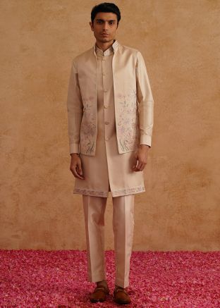 Beige Embroidered Kurta Pajama With Nehru Jacket